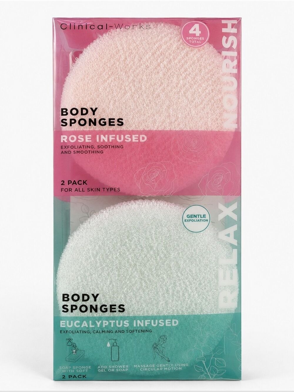 Clinical Works Rose & Eucalyptus Body Sponges 4 Pack
